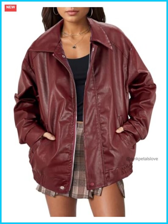 Jackets & Blazers - Faux Leather Oversized Motorcycle Bomber Jacket Coat